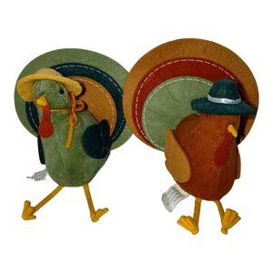 Set Of 2 Fabric Turkeys With Hats Fall Harvest Thanksgiving Seasonal Home Decor